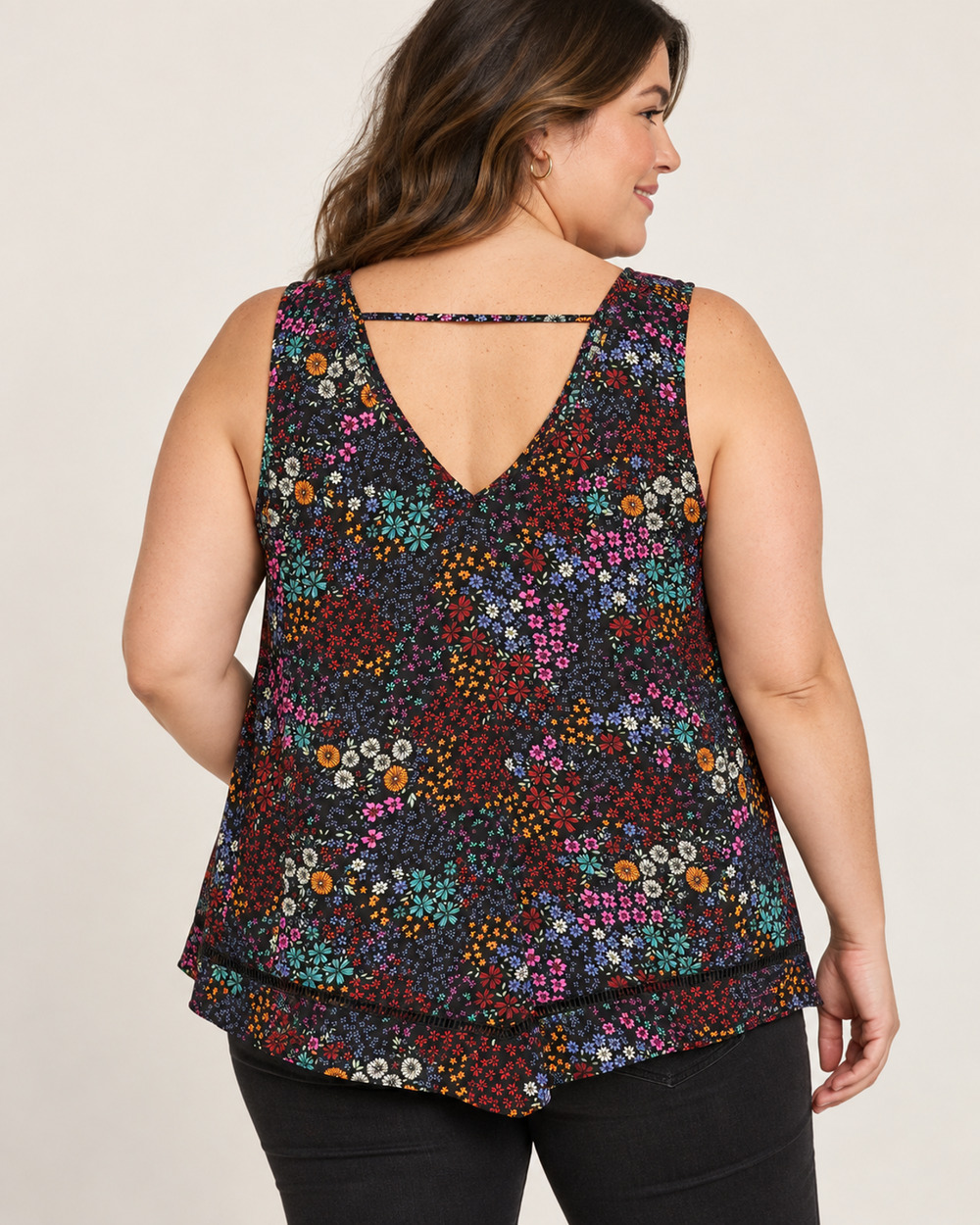 a.n.a New Approach Womens Large Floral Sleeveless V Neck Blouse Layered Hem Top